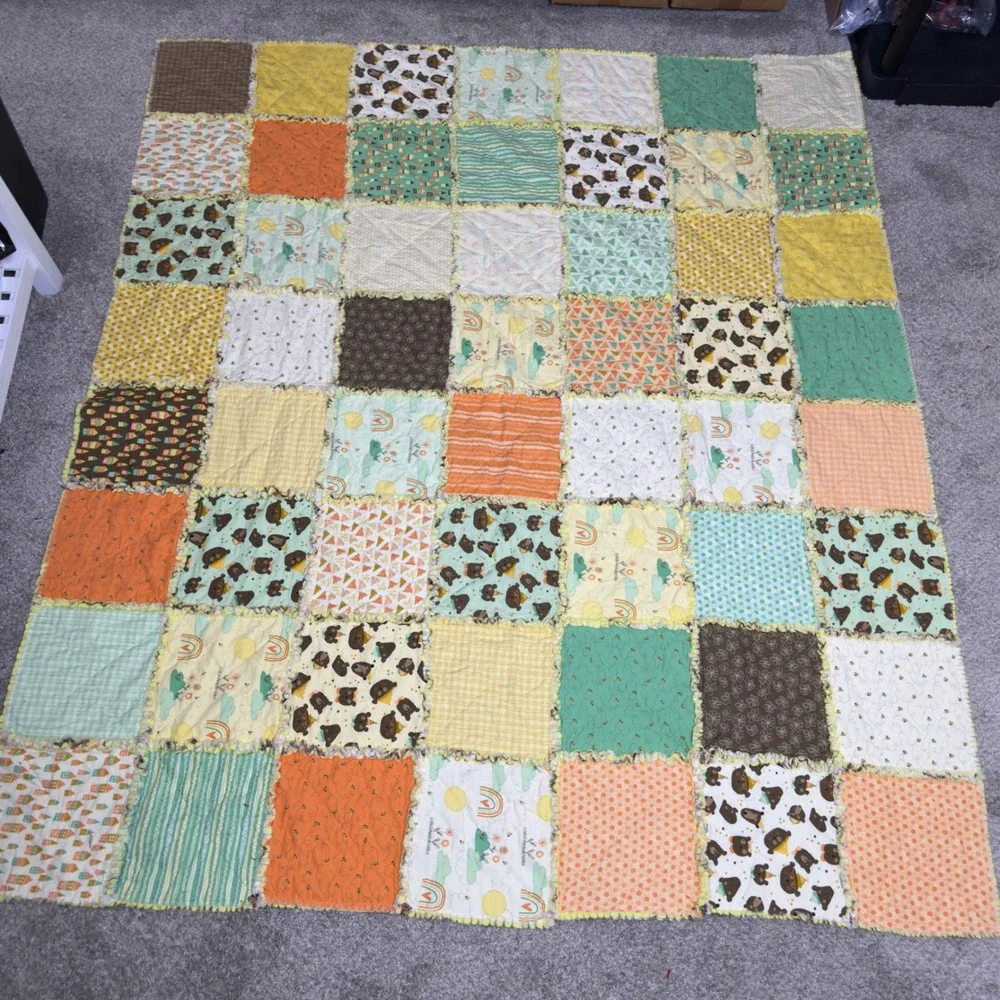 Handmade Women Cotton Rag Quilt 62x72 Multicolor Woodland Bear Patchwork Blanket
